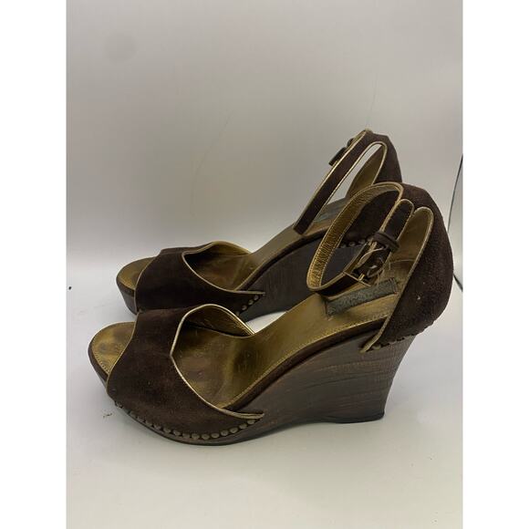 Prada Brown Suede Peep Toe Wedge Sandals Sz 37.5 (US 7) - Picture 2 of 8
